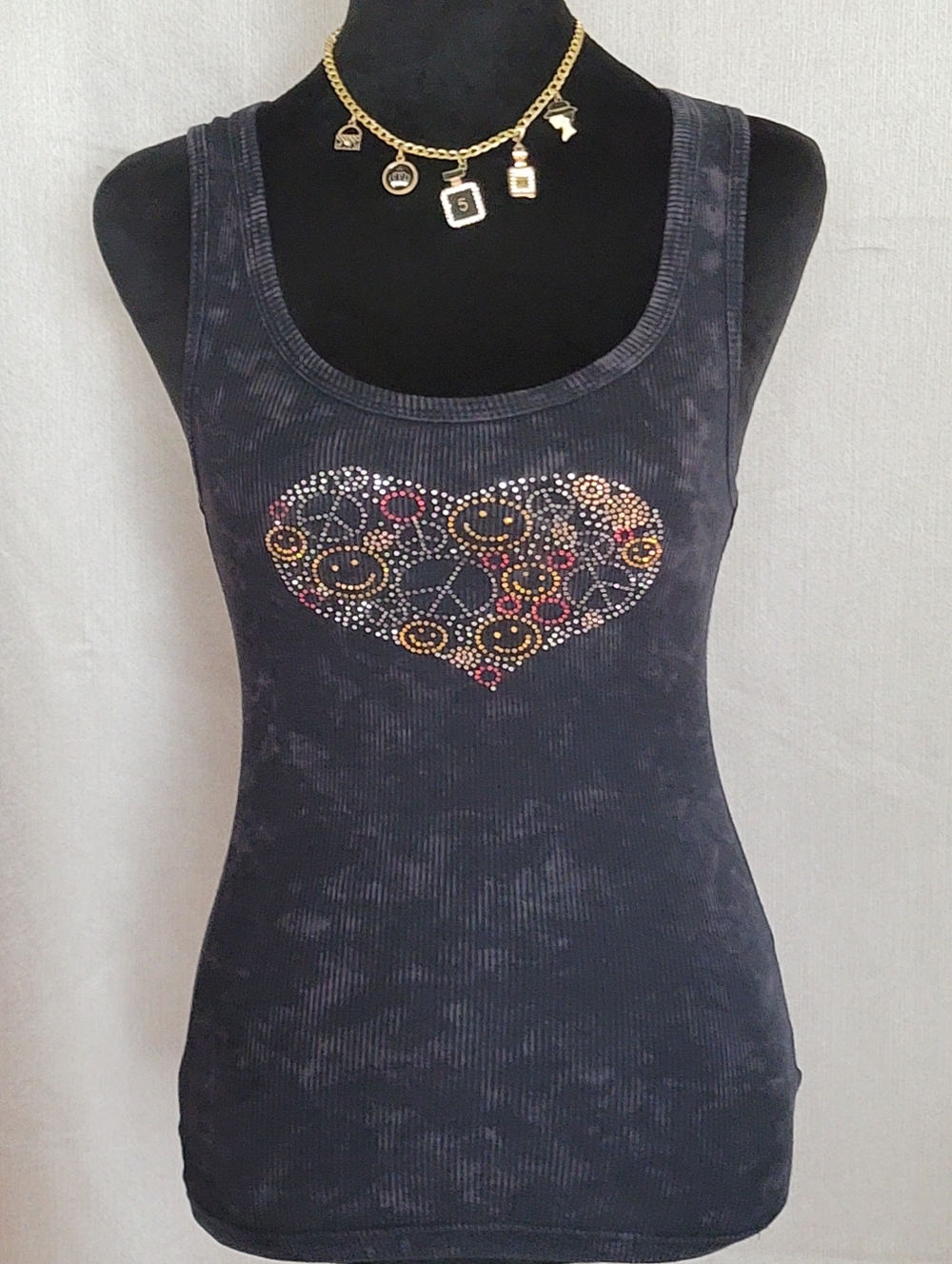Women's Black Ribbed Tank Top with Heart Rhinestone Detail